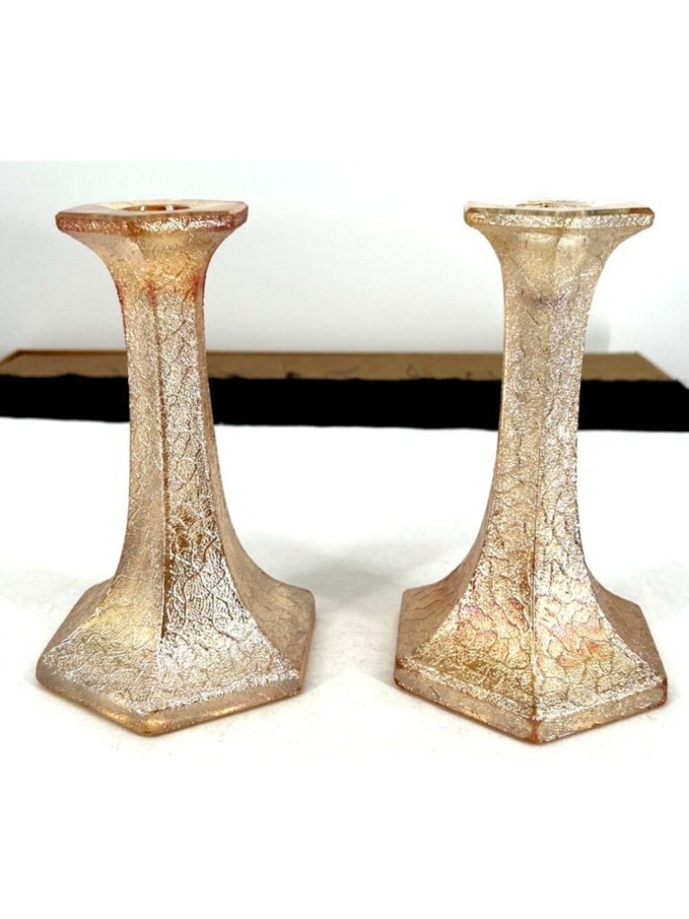 Jeanette Carnival Glass Candle Holders Marigold 7" Vintage